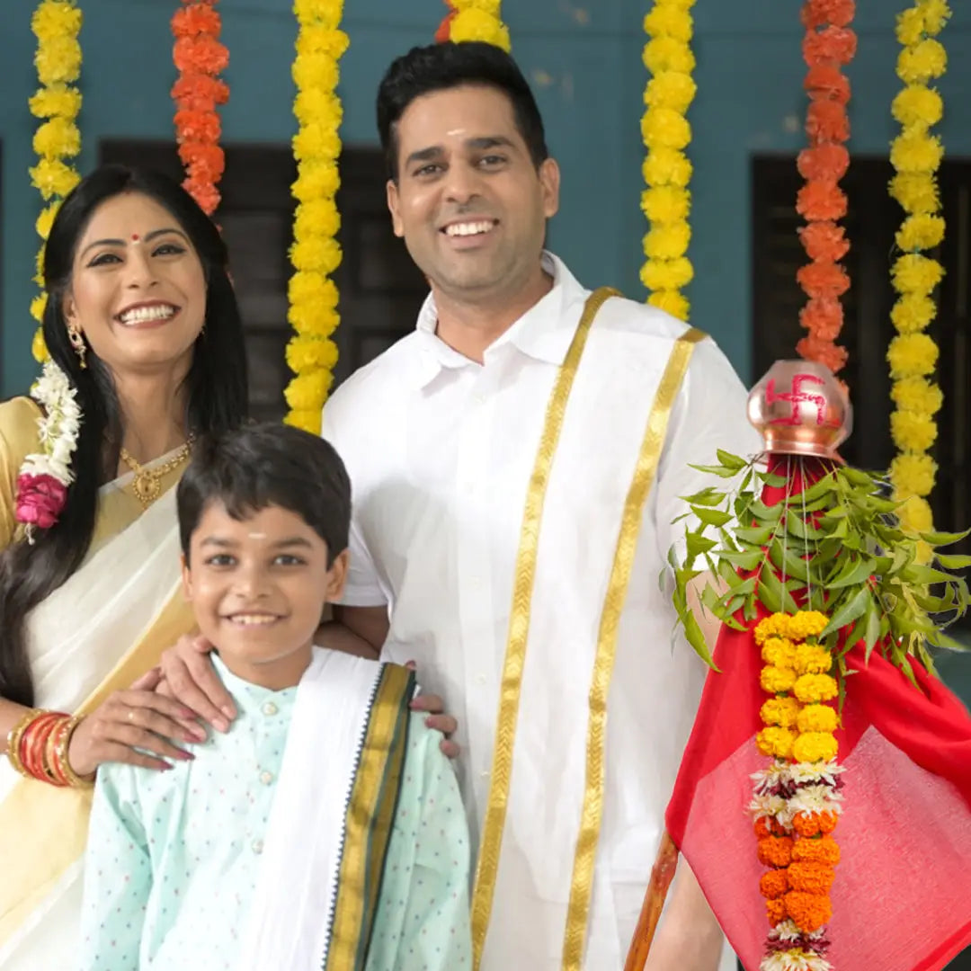 Family group celebrating Ugadi with colorful decorations, honoring Hindu lunar calendar traditions abroad