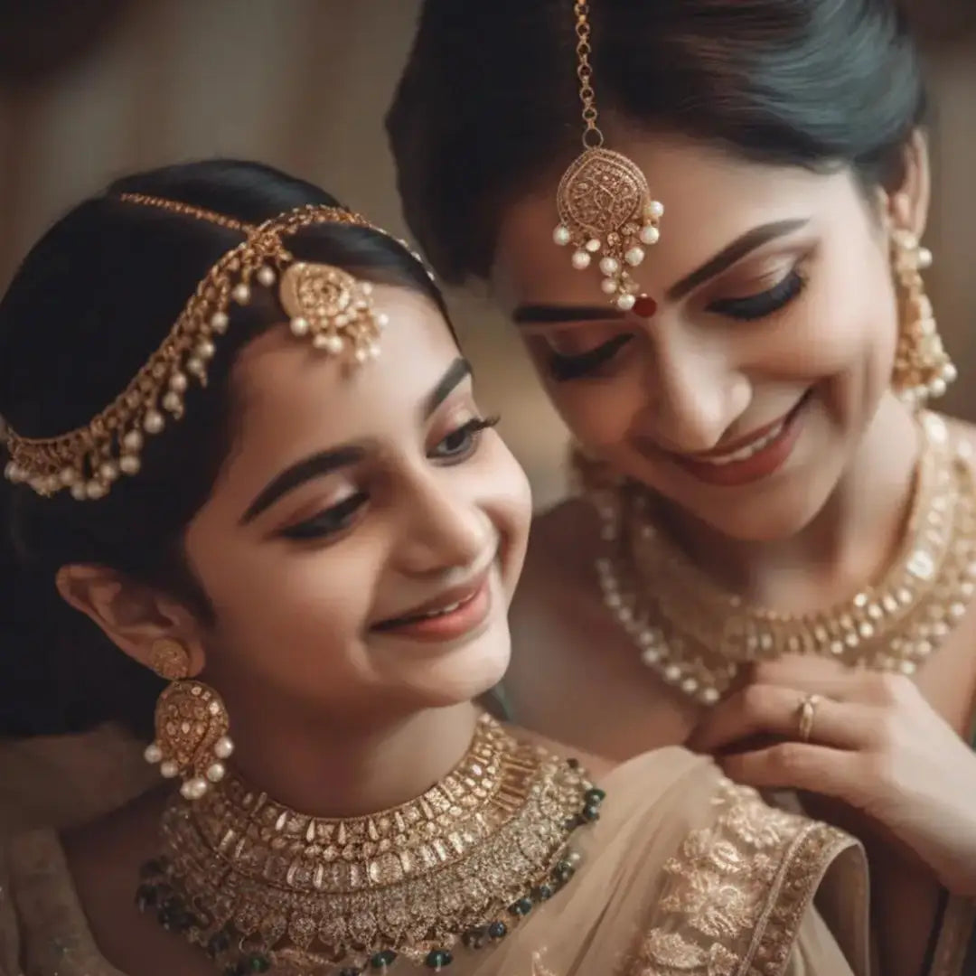 Two women in traditional Indian jewelry and clothing smiling at a half saree ceremony in South India