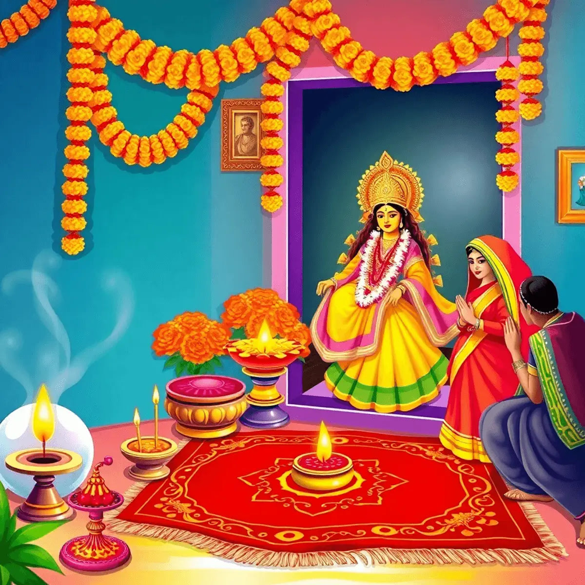 A vibrant Gauri Poojan celebration with marigold and jasmine decorations, a red velvet pooja mat, incense holders, and people in traditional attire.