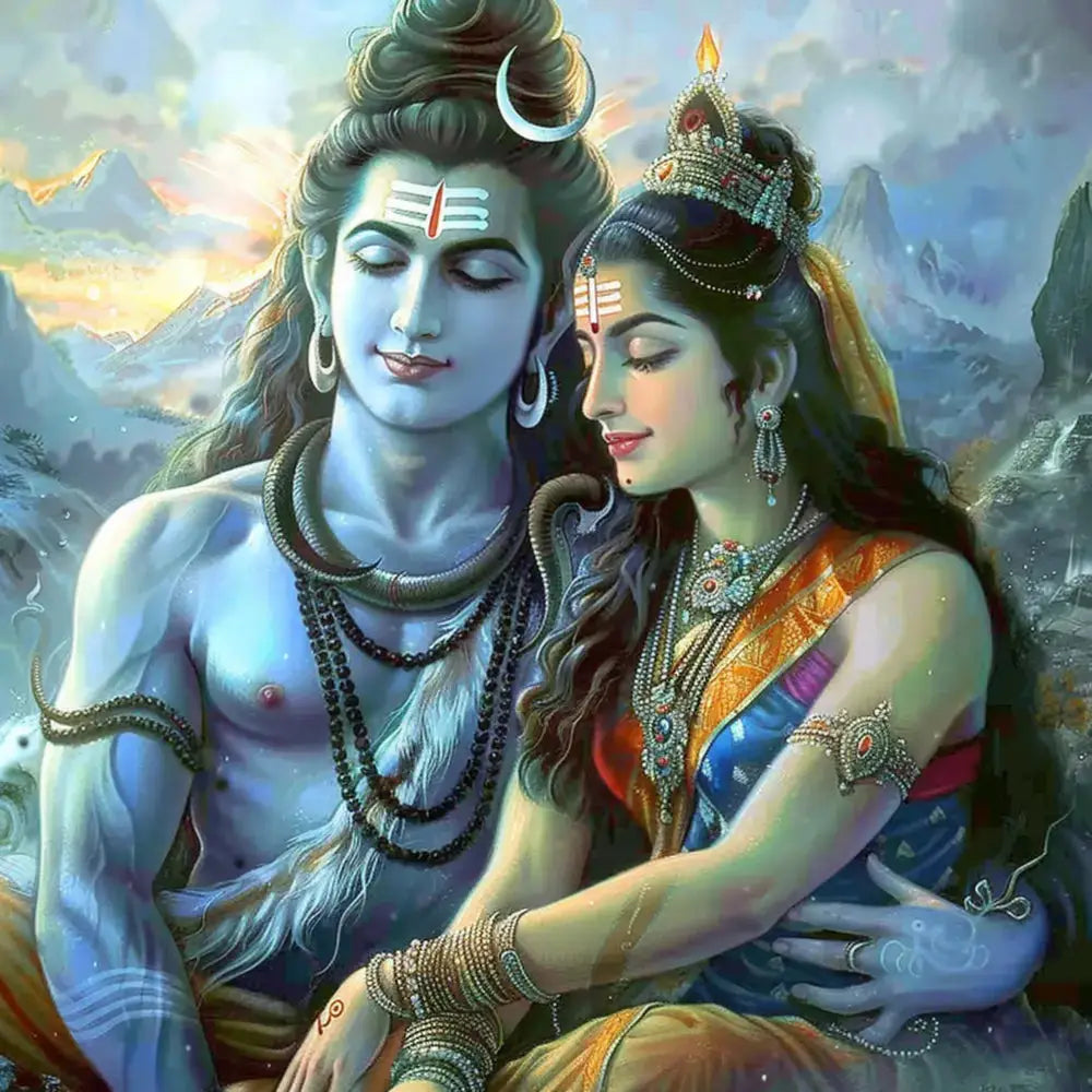 Illustration of Hindu goddess Parvati with two attendants in a temple-like setting