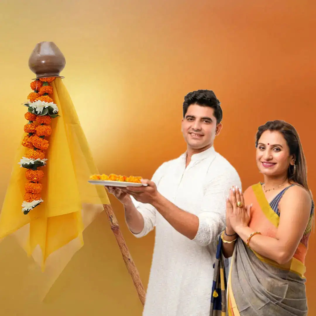 Couple in traditional Indian attire celebrating Gudi Padwa with decorated Gudi during festival.