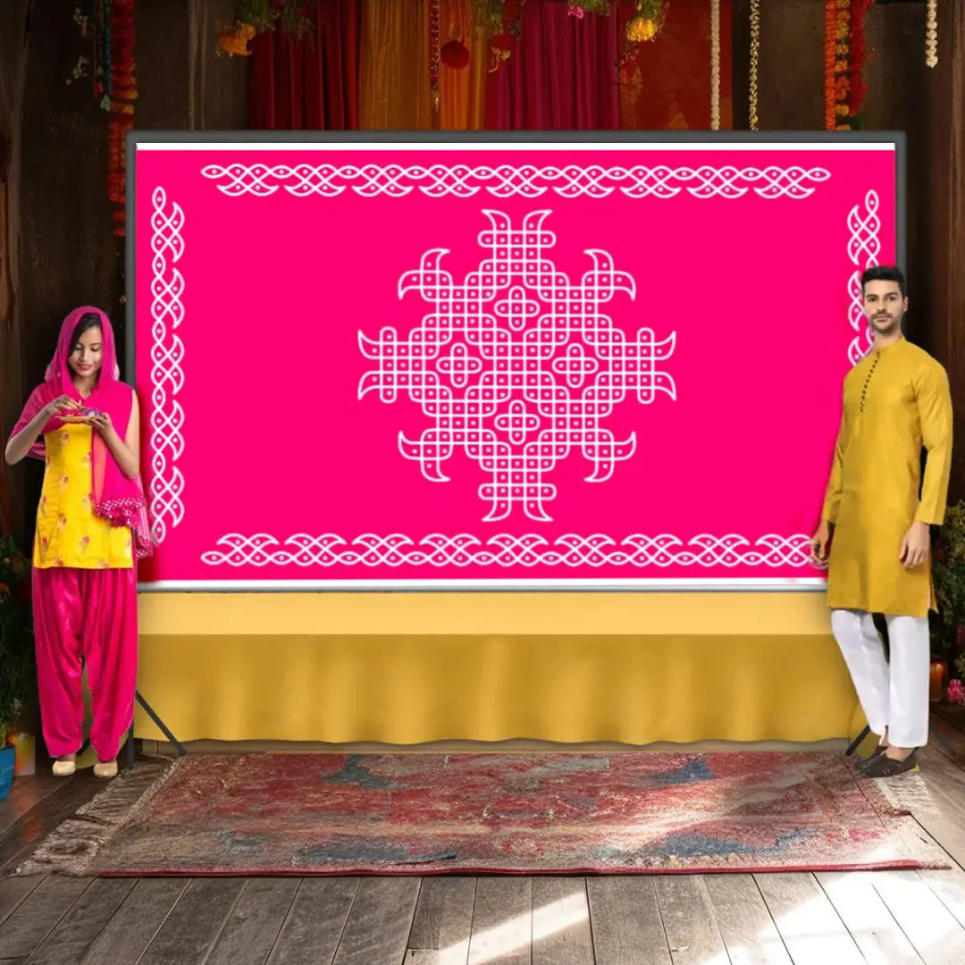 Bright pink fabric with intricate white geometric pattern used as a backdrop for visual storytelling in fashion shoots