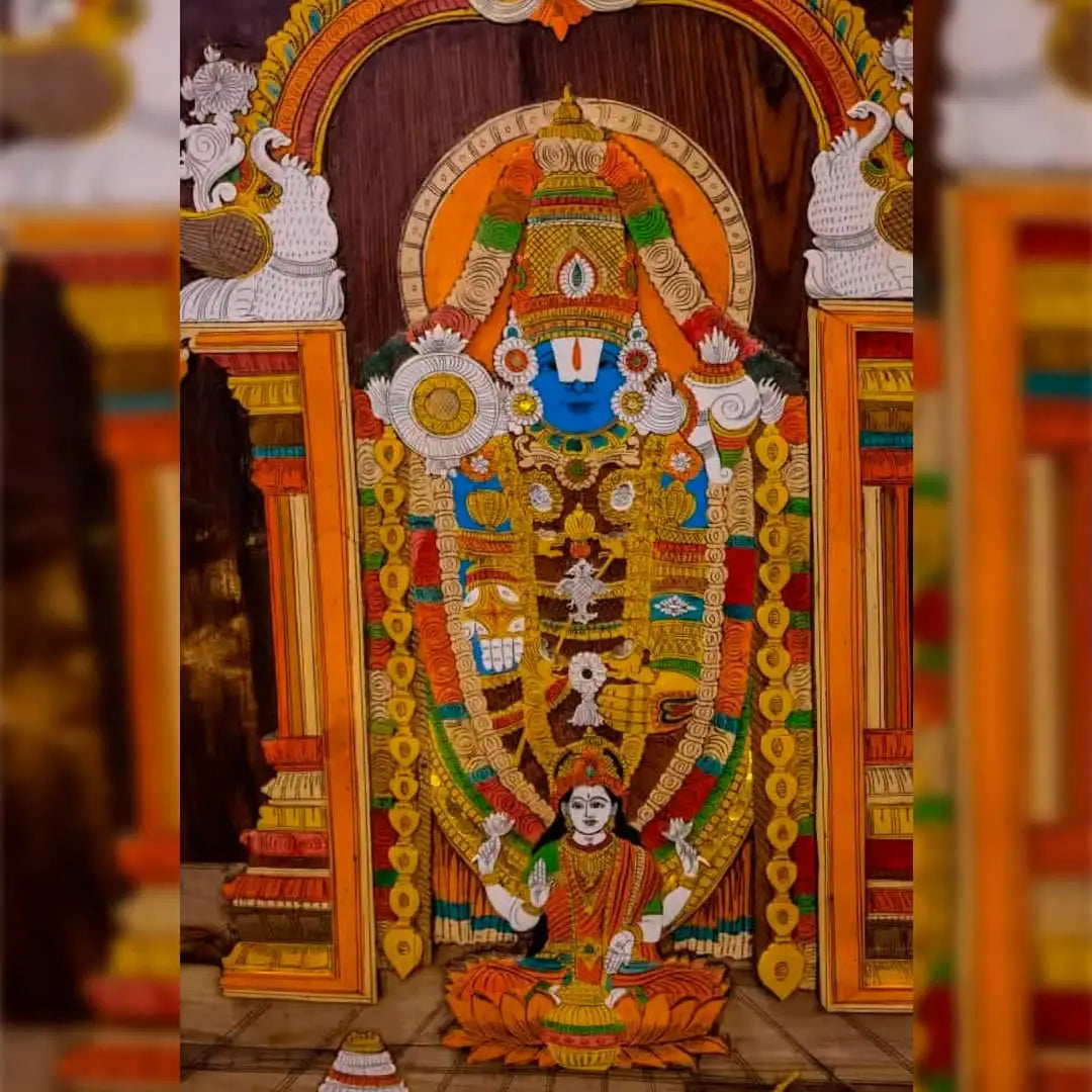 A vibrant painting of a Hindu deity, showcasing intricate details and rich colors, displayed prominently in an art setting.