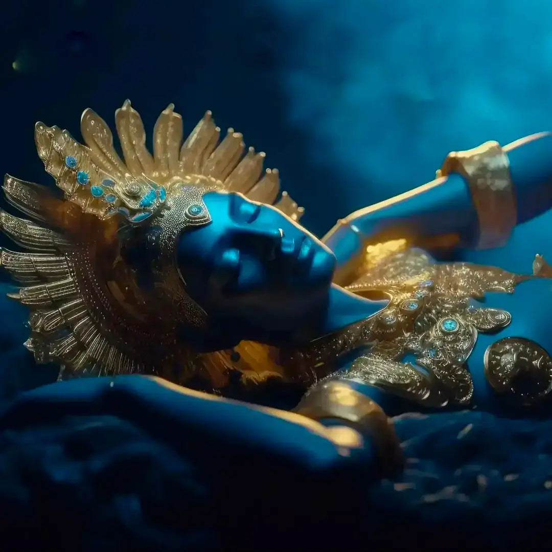 God Vishnu dressed in blue and gold attire is reclining on the sheshnag, surrounded by a serene environment.
