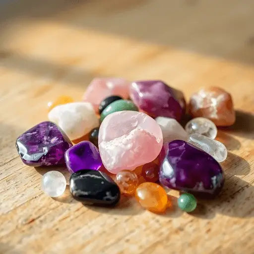 Colorful healing stones on a wooden surface, softly lit to highlight their textures and hues in a photograph style.