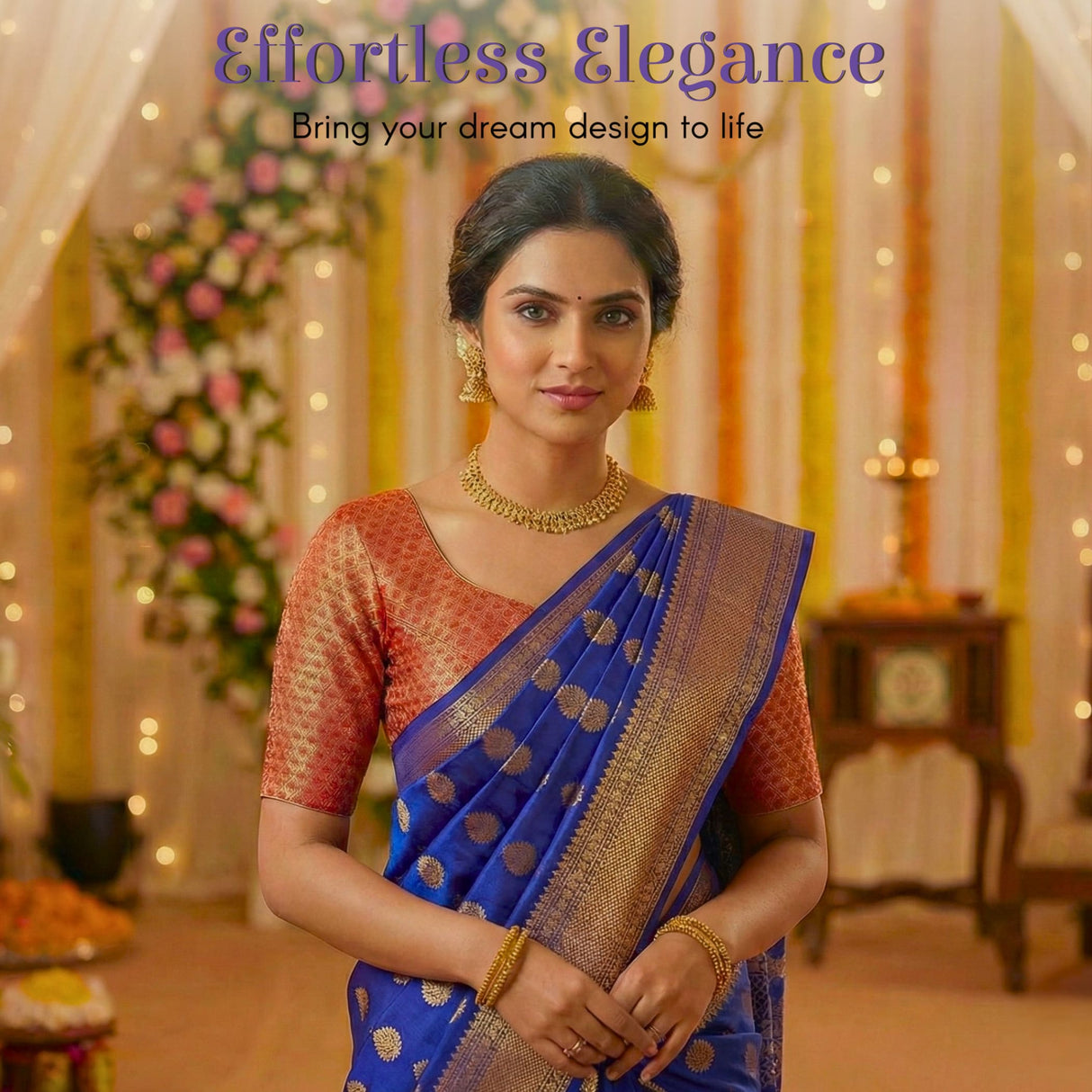 Woman in vibrant blue gold silk saree with woven brocade, orange embroidered blouse