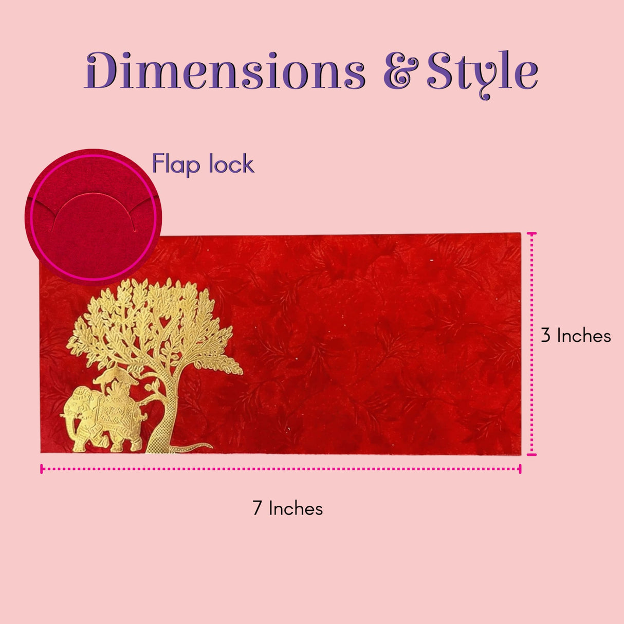 Red textured envelope with gold elephant tree foil, flap lock, Shagun Maharaja design