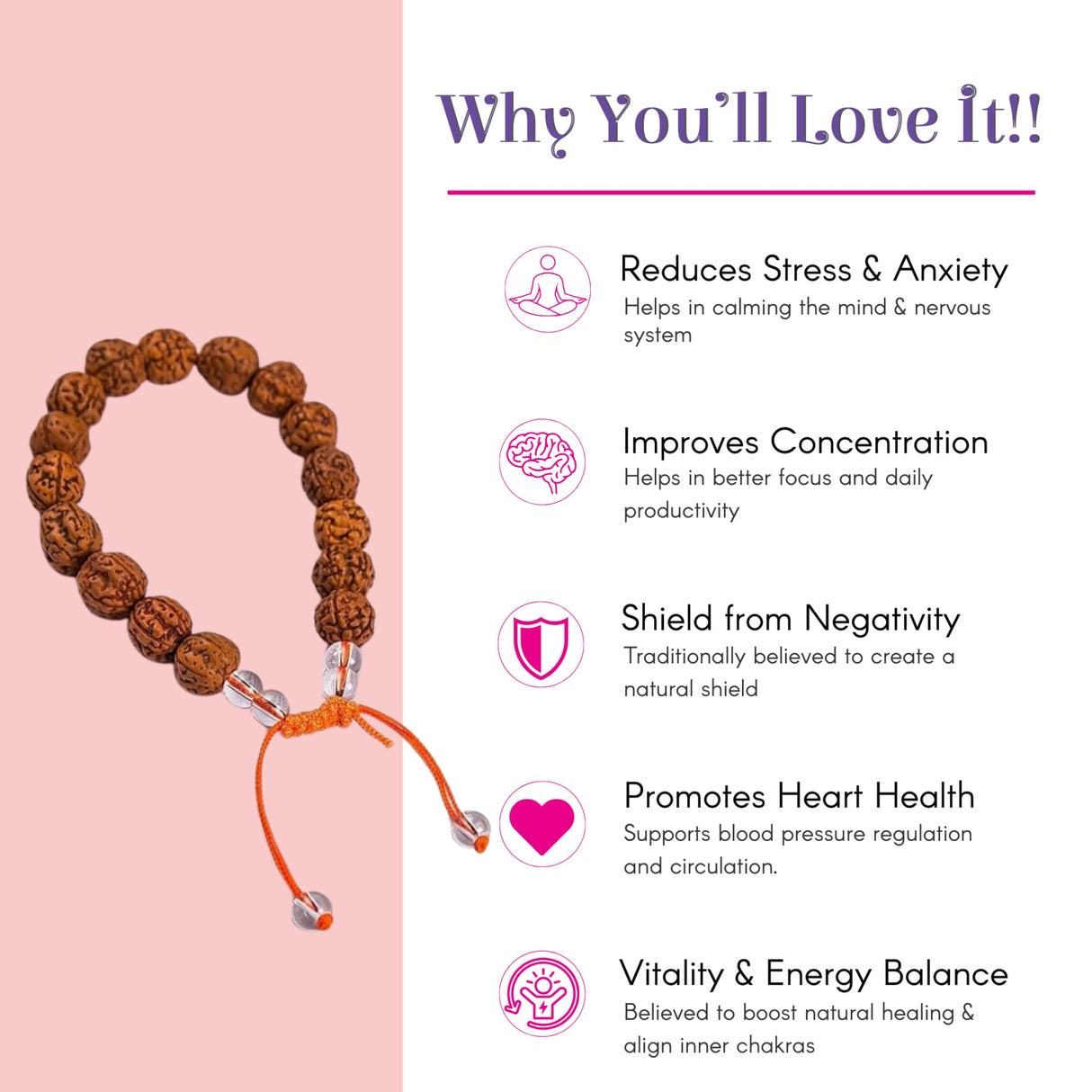 Brown textured wooden 5 Mukhi Rudraksha bracelet with orange cord, 8.5mm beads