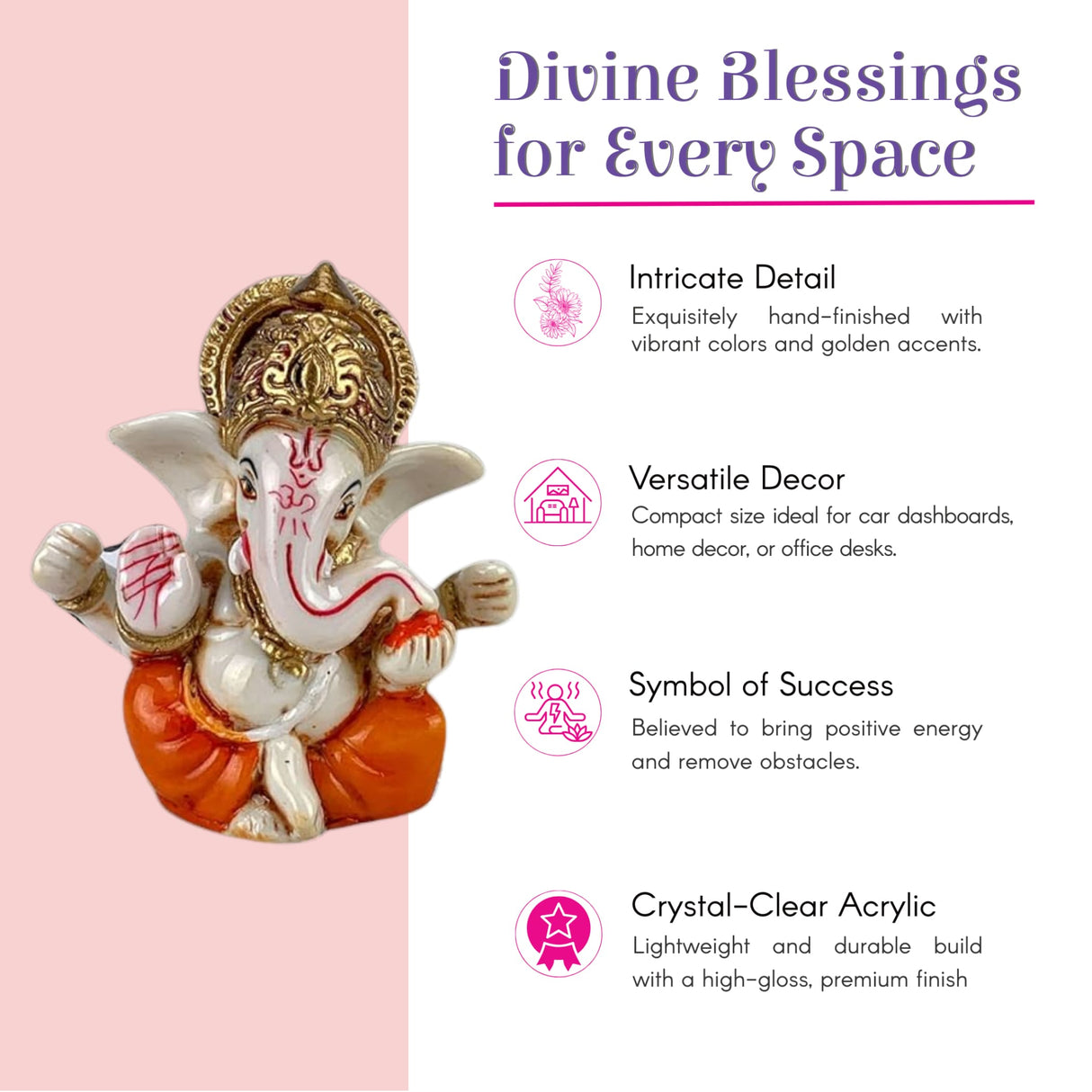 1 ct acrylic white Ganesha car statue with orange dhoti, golden crown