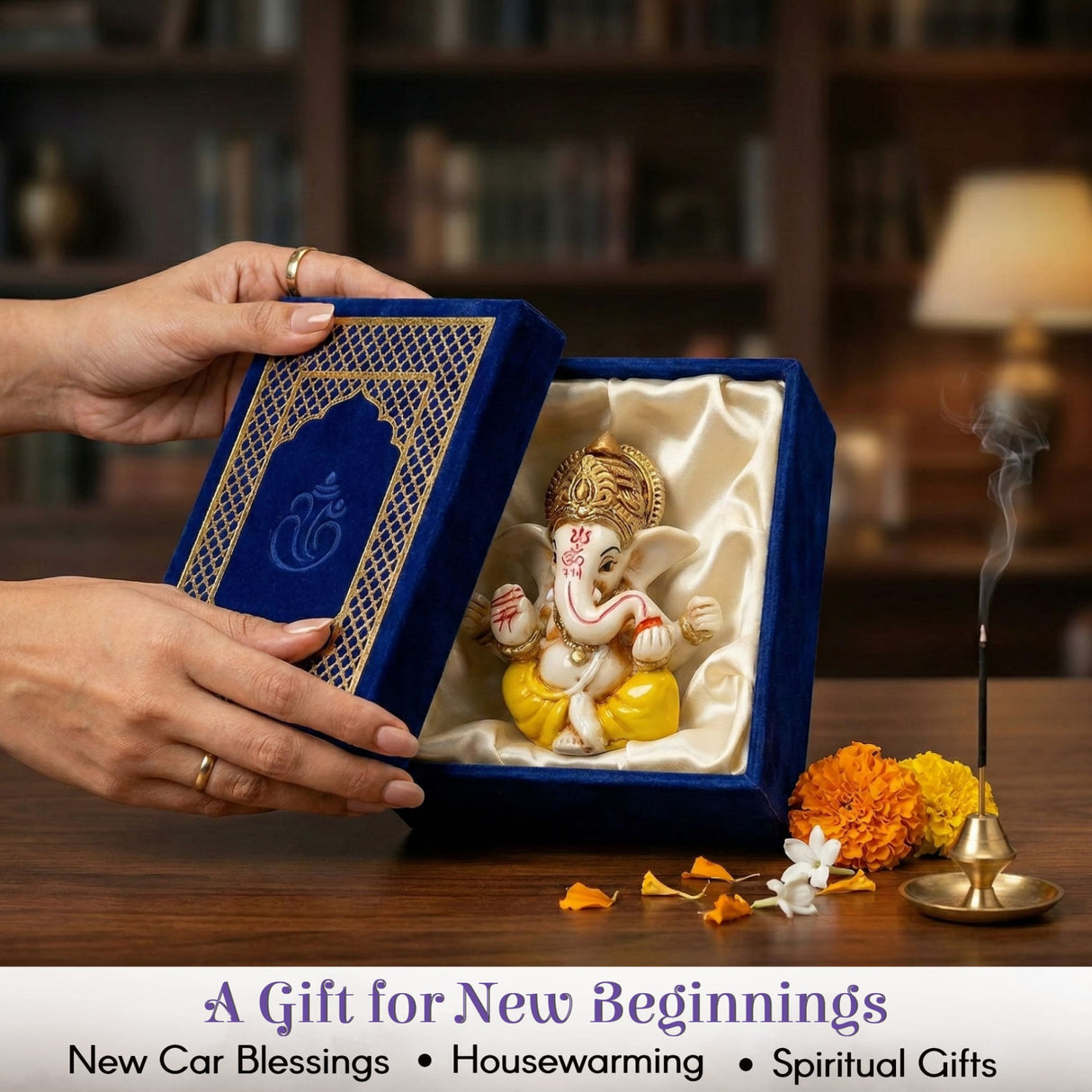 1 Ct Acrylic Car Ganesha Figurine with White Body, Golden Crown, Yellow Dhoti