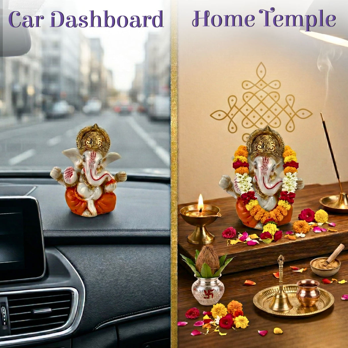 Ornate 1 ct acrylic golden Ganesha car statue with floral garlands