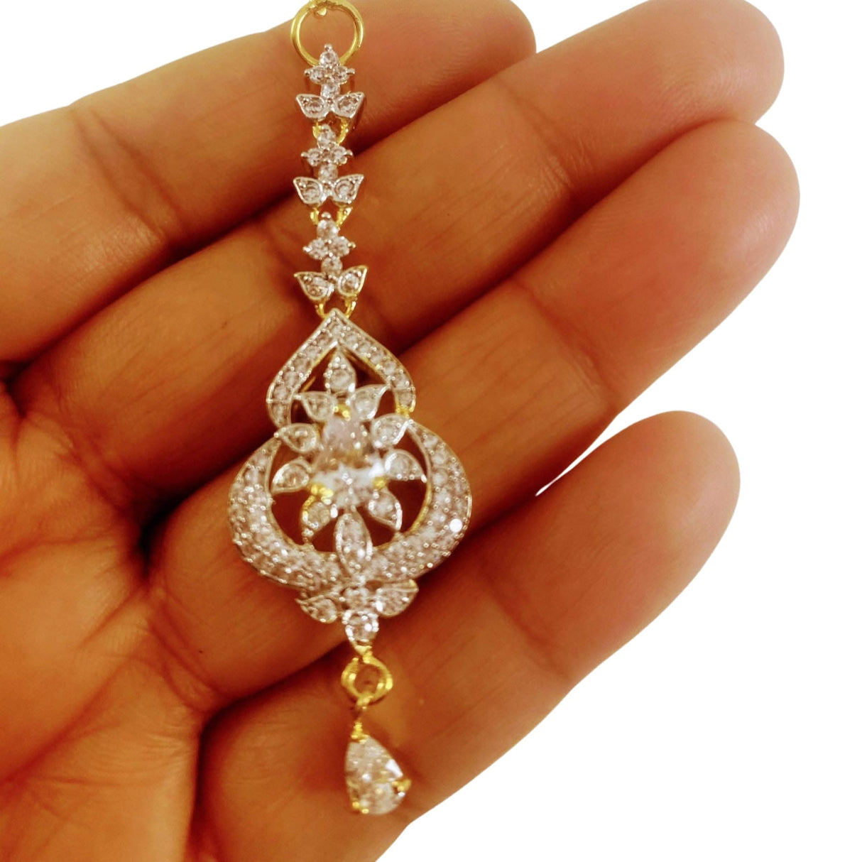 1 Ct Small American Diamond Maang Tikka, Maang Tikka, Gold Plated Maang Tika, Pakistani Jewelry, Jhoomer, Matha Patti, Indian Forehead Jewelry - LoveNspire