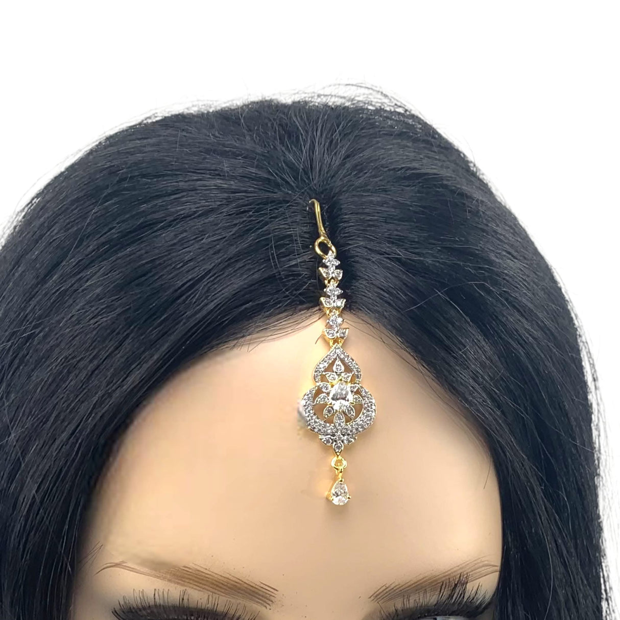 1 Ct Small American Diamond Maang Tikka, Maang Tikka, Gold Plated Maang Tika, Pakistani Jewelry, Jhoomer, Matha Patti, Indian Forehead Jewelry - LoveNspire