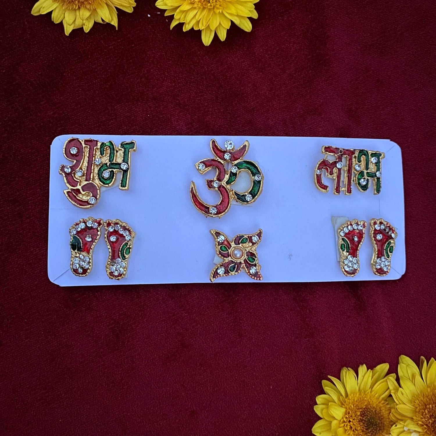 Shubh Labh Om Swastik 6 Pieces Set Metal Good Luck Footsteps Shubh-labh Rangoli Sticker Wall Door Hanging Home Office Temple Pooja Diwali Decor Wall Art for Housewarming Laxmi Pooja - LoveNspire