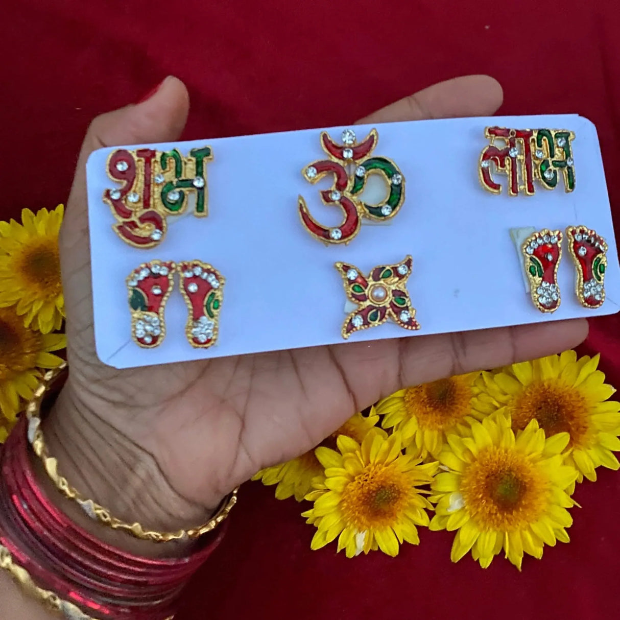 Shubh Labh Om Swastik 6 Pieces Set Metal Good Luck Footsteps Shubh-labh Rangoli Sticker Wall Door Hanging Home Office Temple Pooja Diwali Decor Wall Art for Housewarming Laxmi Pooja - LoveNspire