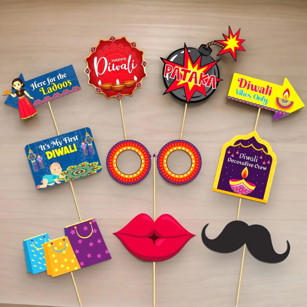 10 Pcs Happy Diwali Photo Booth Props Kit Festival of Lights Celebration Props for Photoshoot Deepawali Party Picture Selfie Stick Props Indian Themed Party Supplies - LoveNspire