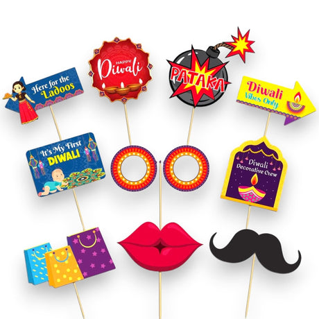 10 Pcs Happy Diwali Photo Booth Props Kit Festival of Lights Celebration Props for Photoshoot Deepawali Party Picture Selfie Stick Props Indian Themed Party Supplies - LoveNspire