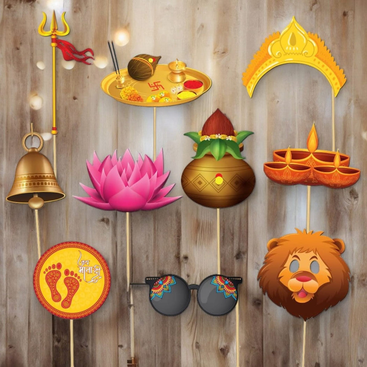 10 Pcs Navratri Photo Booth Props Kit Jai Mata Di Decoration Item Navaratri Hindu Festival Celebration Party Favors Decorations Kit for Photoshoot Home Indoor Outdoor Decor - LoveNspire