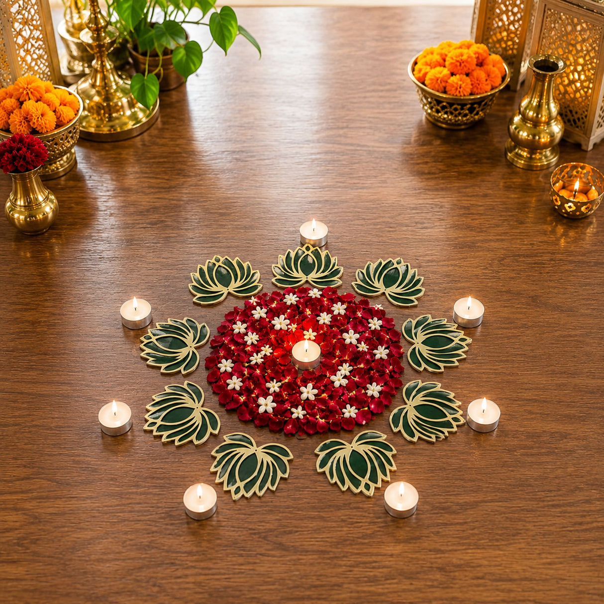 A vibrant red and white floral lotus flower rangoli cutout with green leaf accents in a circular pattern for festive decor