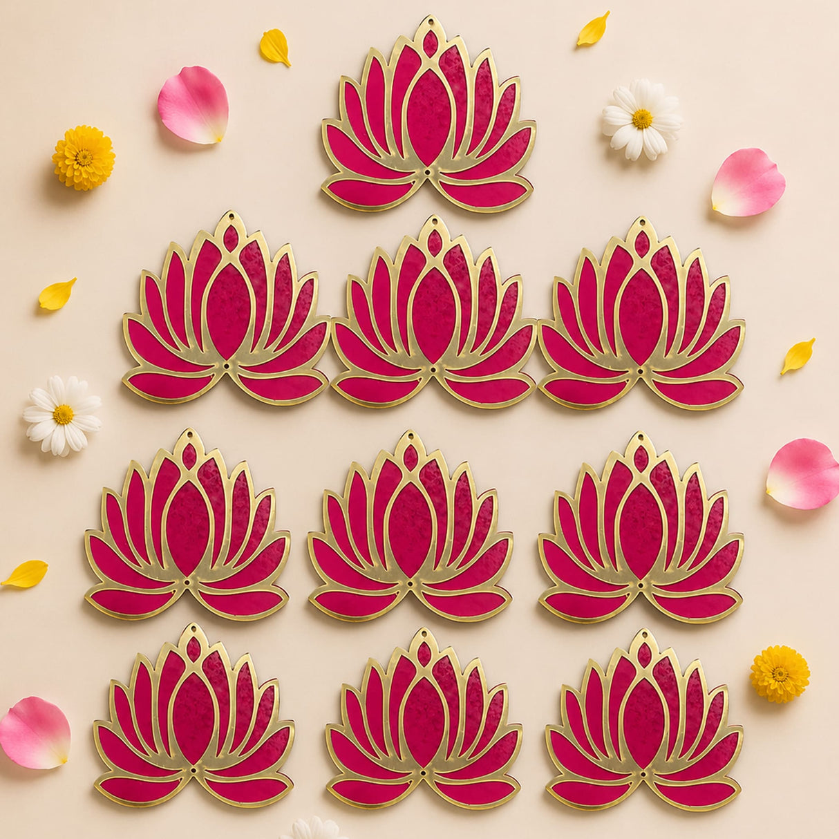 Lotus flower rangoli cutouts in pink and gold lotus shape for reusable home decor during indian festivals and weddings
