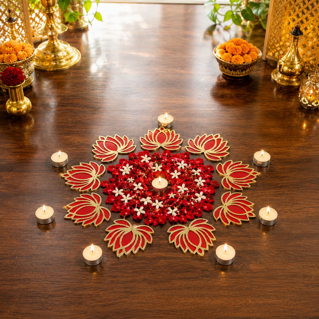 Red and gold lotus flower rangoli cutout with floral mandala design for reusable home decor during indian festivals