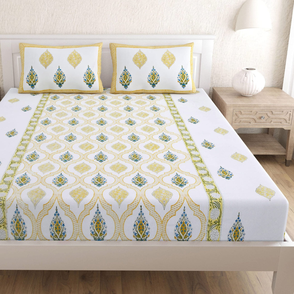 Premium 150 Thread Count 3pcs Indian Cotton Fitted Sheet Set – Ethnic Design, Soft & Breathable Bedding for King & Queen! Perfect for Home Décor & Comfort! - LoveNspire