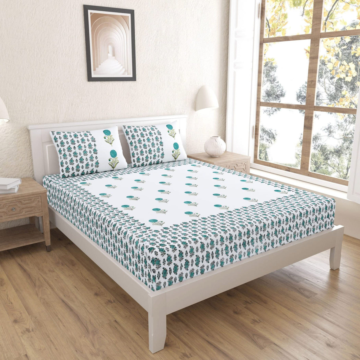 Fitted Sheet Set Floral Print Indian 150 Thread Count 3 Pcs 100% Cotton Ethnic Bedsheets Premium Soft & Breathable Bedding Set Home Decor Sheets (king, Queen) - LoveNspire