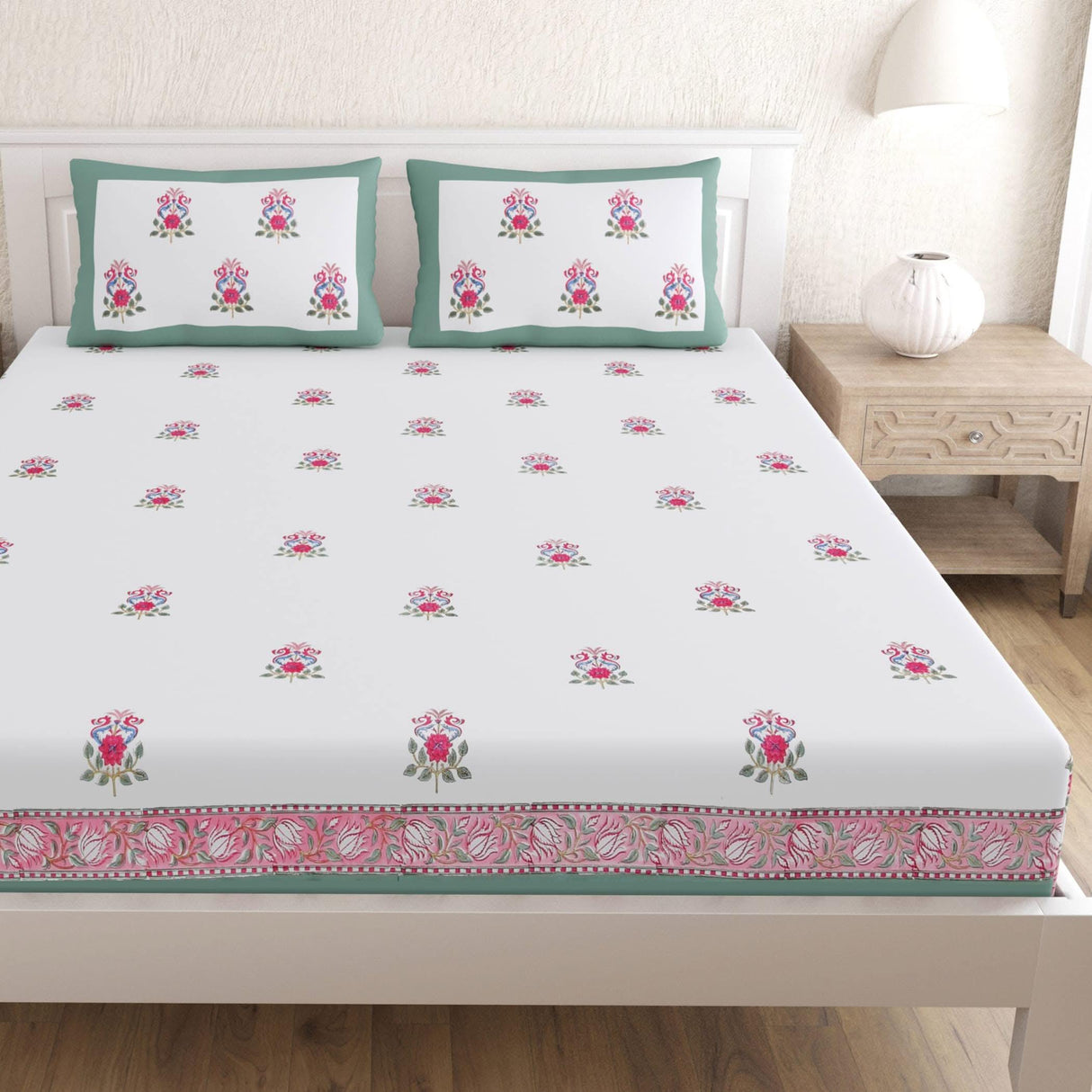 Cotton Floral Print Indian Ethnic Bedsheets 150 Thread Count 3 Pcs Fitted Sheet Set 100% Premium Soft & Breathable Bedding Set Home Decor Sheets (king, Queen) - LoveNspire