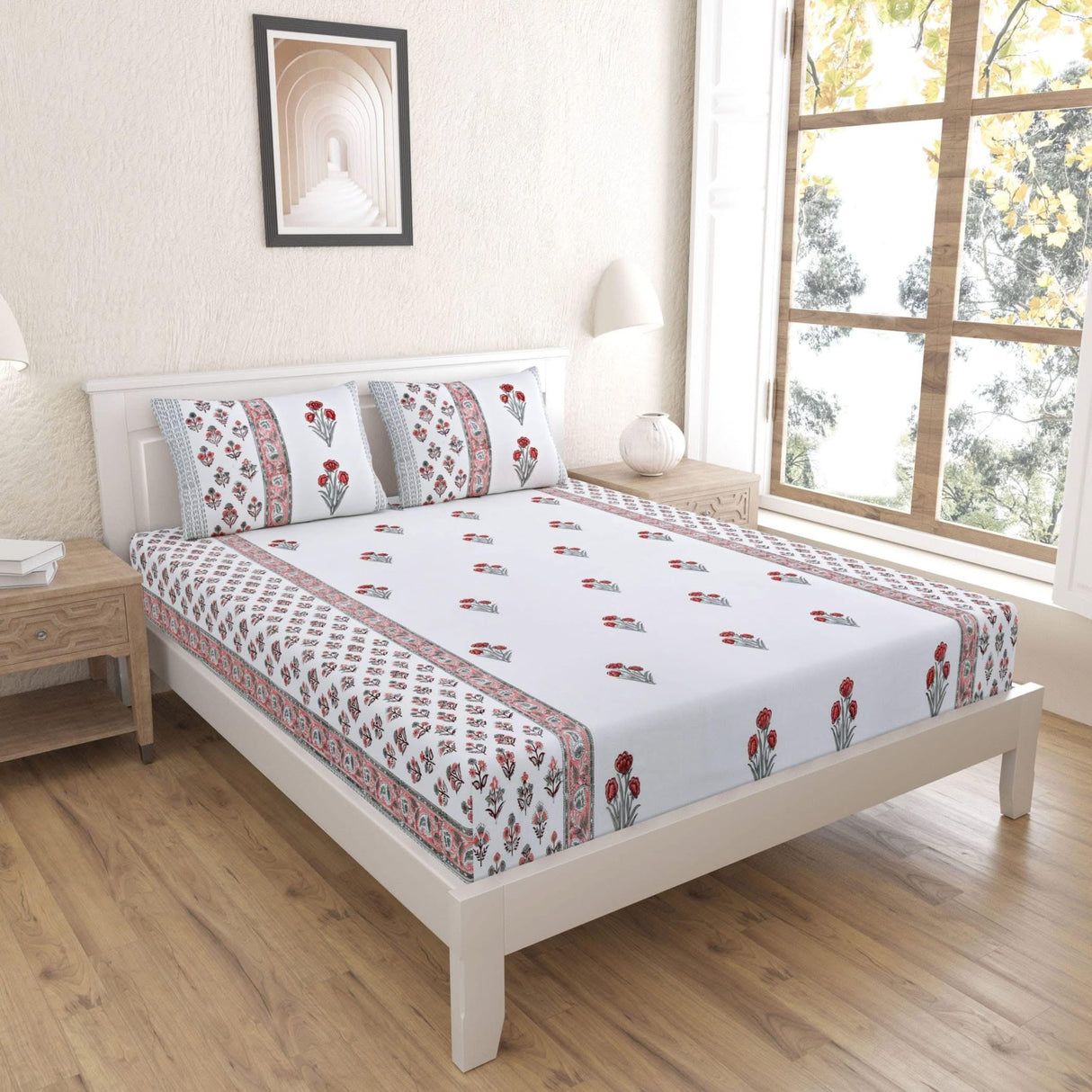 100% Cotton Floral Print Fitted Sheet Set 3pcs 150 Thread Count Indian Ethnic Bedsheets Premium Soft & Breathable Bedding Set Home Decor Sheets (king, Queen) - LoveNspire