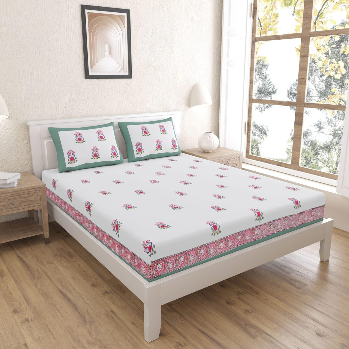 Cotton Floral Print Indian Ethnic Bedsheets 150 Thread Count 3 Pcs Fitted Sheet Set 100% Premium Soft & Breathable Bedding Set Home Decor Sheets (king, Queen) - LoveNspire