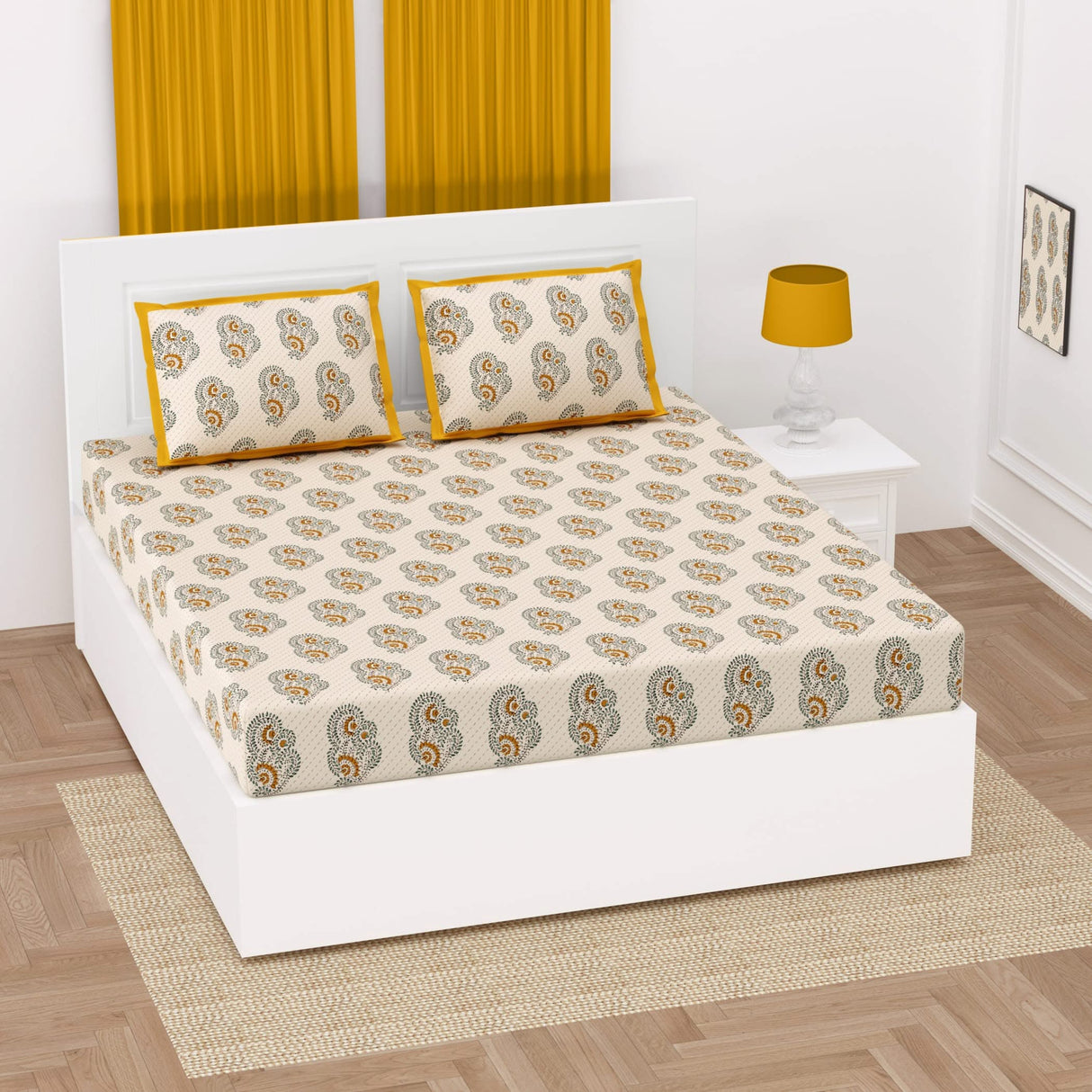 Floral Block Print 3 Pcs Fitted Indian BedSheet Set 150 Thread Count 100% Cotton Ethnic Premium Soft & Breathable Bedding Set Home Decor Sheets (king, Queen) - LoveNspire