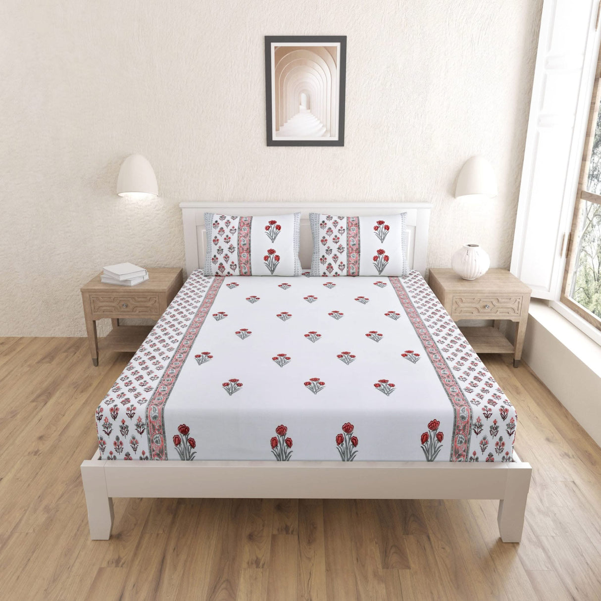 100% Cotton Floral Print Fitted Sheet Set 3pcs 150 Thread Count Indian Ethnic Bedsheets Premium Soft & Breathable Bedding Set Home Decor Sheets (king, Queen) - LoveNspire