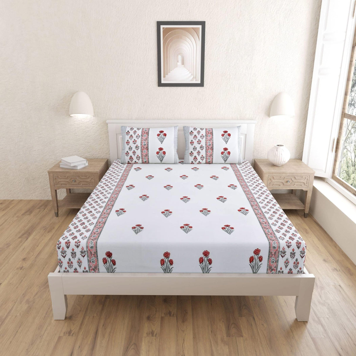 100% Cotton Floral Print Fitted Sheet Set 3pcs 150 Thread Count Indian Ethnic Bedsheets Premium Soft & Breathable Bedding Set Home Decor Sheets (king, Queen) - LoveNspire