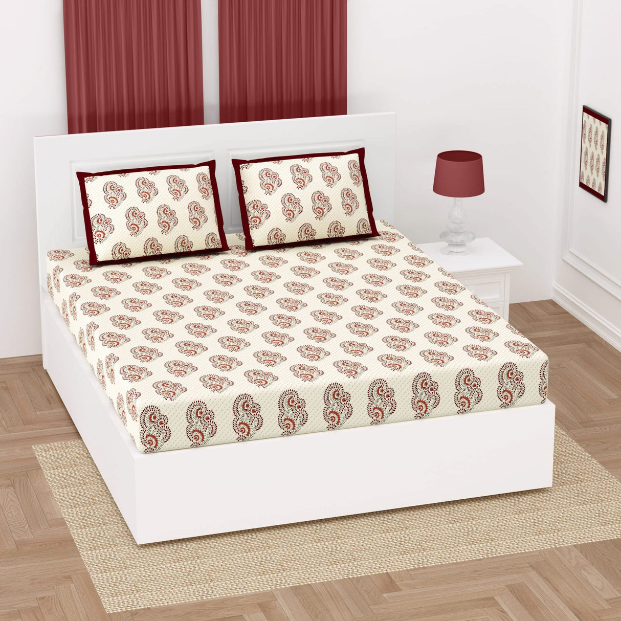 Floral Block Print 3 Pcs Fitted Indian BedSheet Set 150 Thread Count 100% Cotton Ethnic Premium Soft & Breathable Bedding Set Home Decor Sheets (king, Queen) - LoveNspire