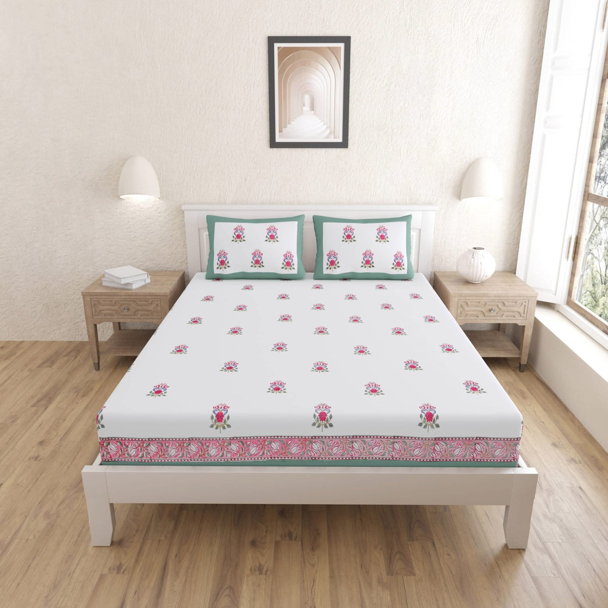 Cotton Floral Print Indian Ethnic Bedsheets 150 Thread Count 3 Pcs Fitted Sheet Set 100% Premium Soft & Breathable Bedding Set Home Decor Sheets (king, Queen) - LoveNspire