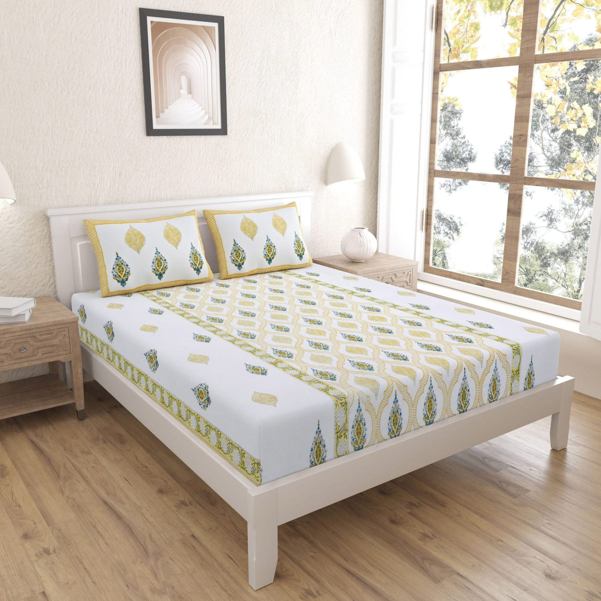 Premium 150 Thread Count 3pcs Indian Cotton Fitted Sheet Set – Ethnic Design, Soft & Breathable Bedding for King & Queen! Perfect for Home Décor & Comfort! - LoveNspire