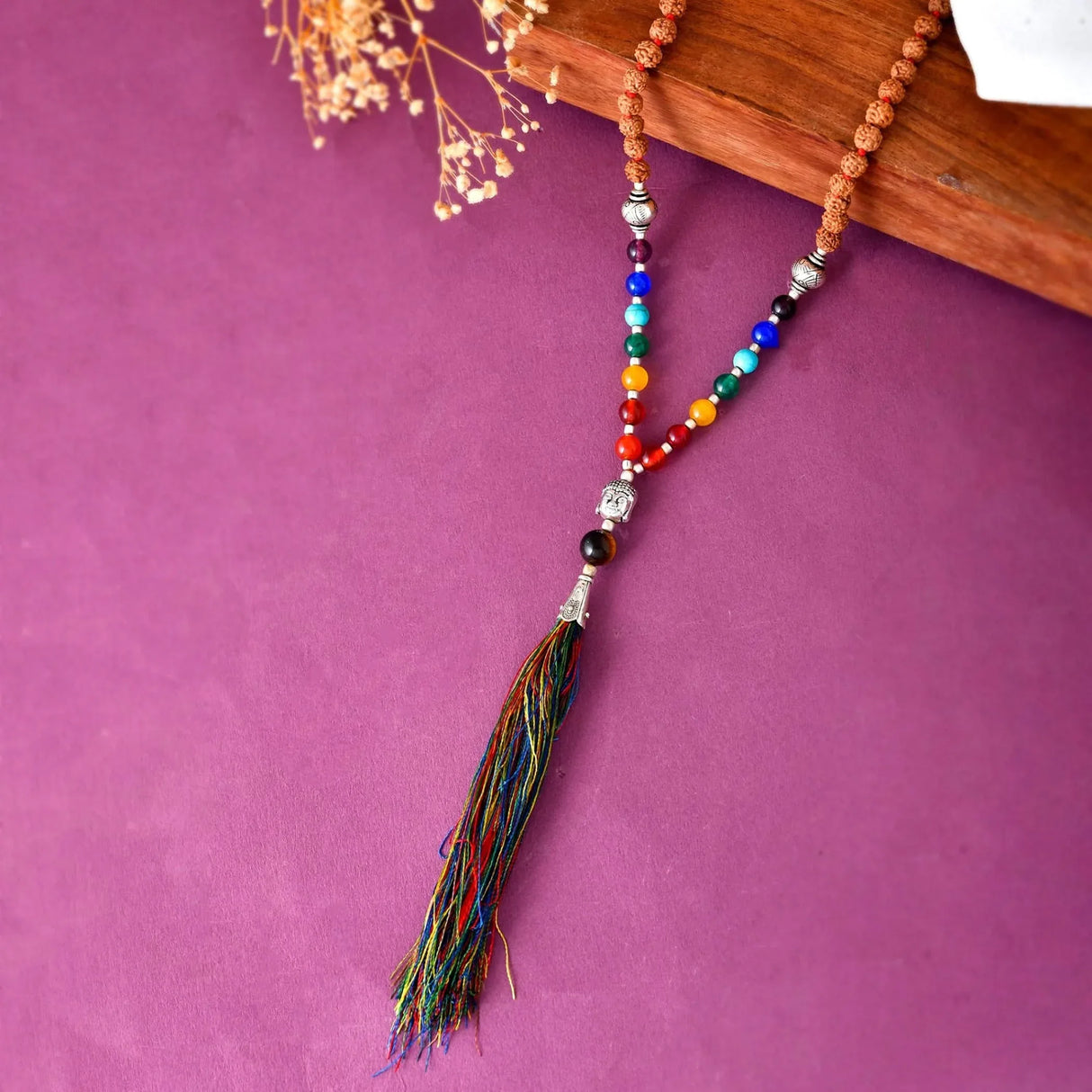 LOVENSPIRE 108 Mala Beads 7 Chakra Rudraksha Buddhist Prayer Beaded Japa Mala Buddha Charm Natural Healing Crystal Gemstones Yoga Meditation Necklace Tassel Tibetan Hand Knotted Men Women Jewelry - LoveNspire