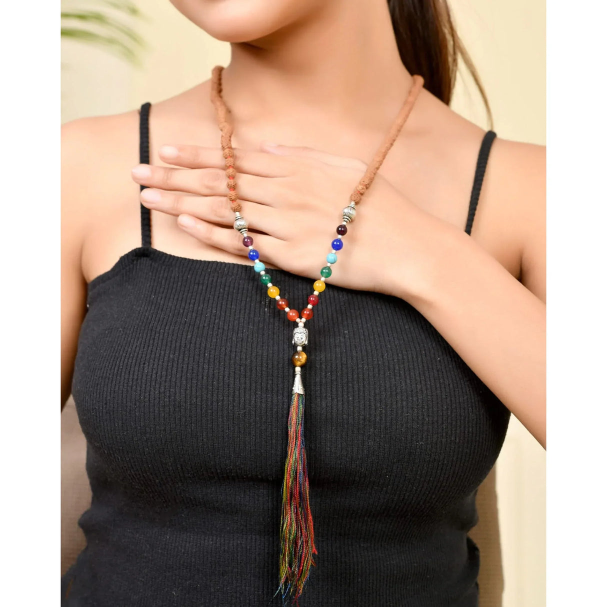 LOVENSPIRE 108 Mala Beads 7 Chakra Rudraksha Buddhist Prayer Beaded Japa Mala Buddha Charm Natural Healing Crystal Gemstones Yoga Meditation Necklace Tassel Tibetan Hand Knotted Men Women Jewelry - LoveNspire