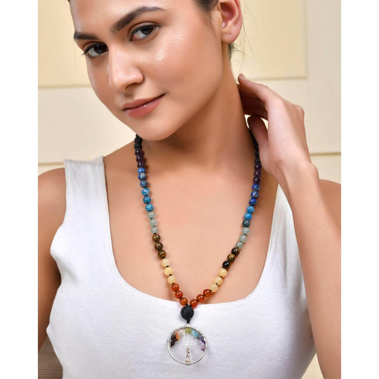 108 Mala Beads Necklace 7 Chakra Tree of Life Lava Rock Stone Natural Healing Crystal Gemstones Yoga Meditation Japa Mala Beaded Life Tree Pendant Hand Knotted Prayer Beads Rosary Jewelry - LoveNspire