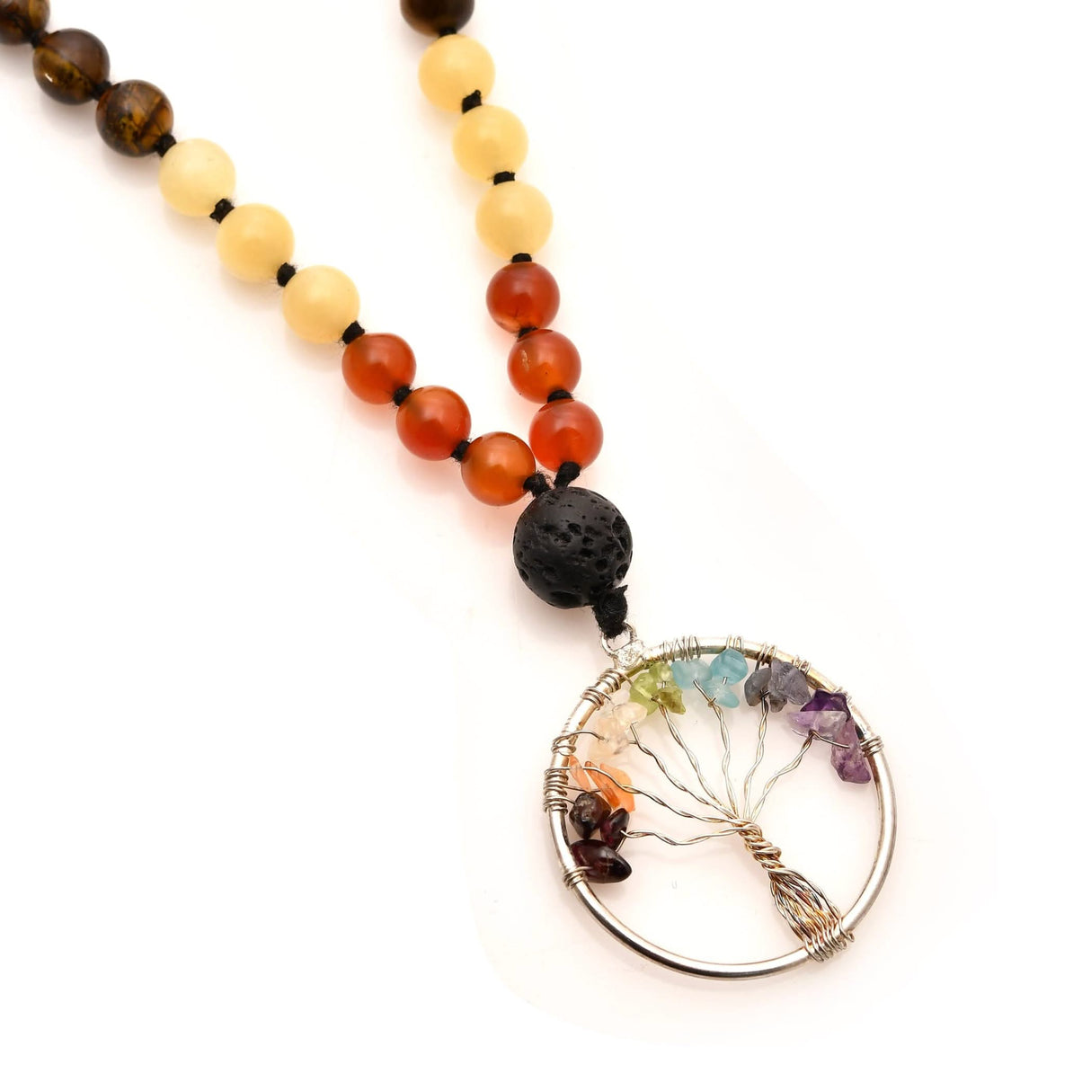 Beaded Chakra Tree Necklace with Lava Rock and Natural Healing Crystal Gemstones