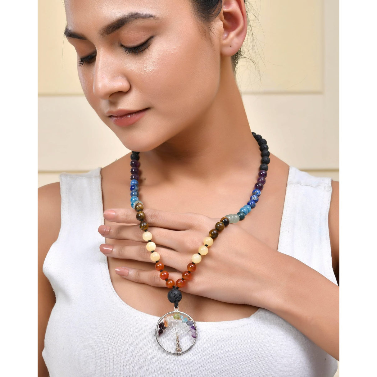 Beaded Chakra Necklace with Tree Pendant and Lava Rock Stones for Meditation and Healing