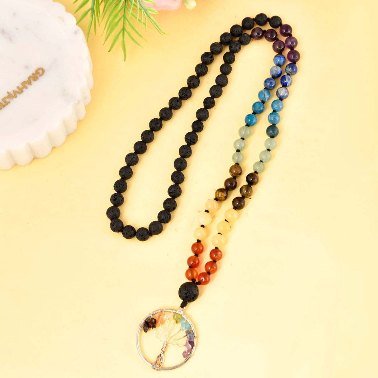 Chakra Lava Bead Necklace with Tree of Life Pendant for Meditation and Healing