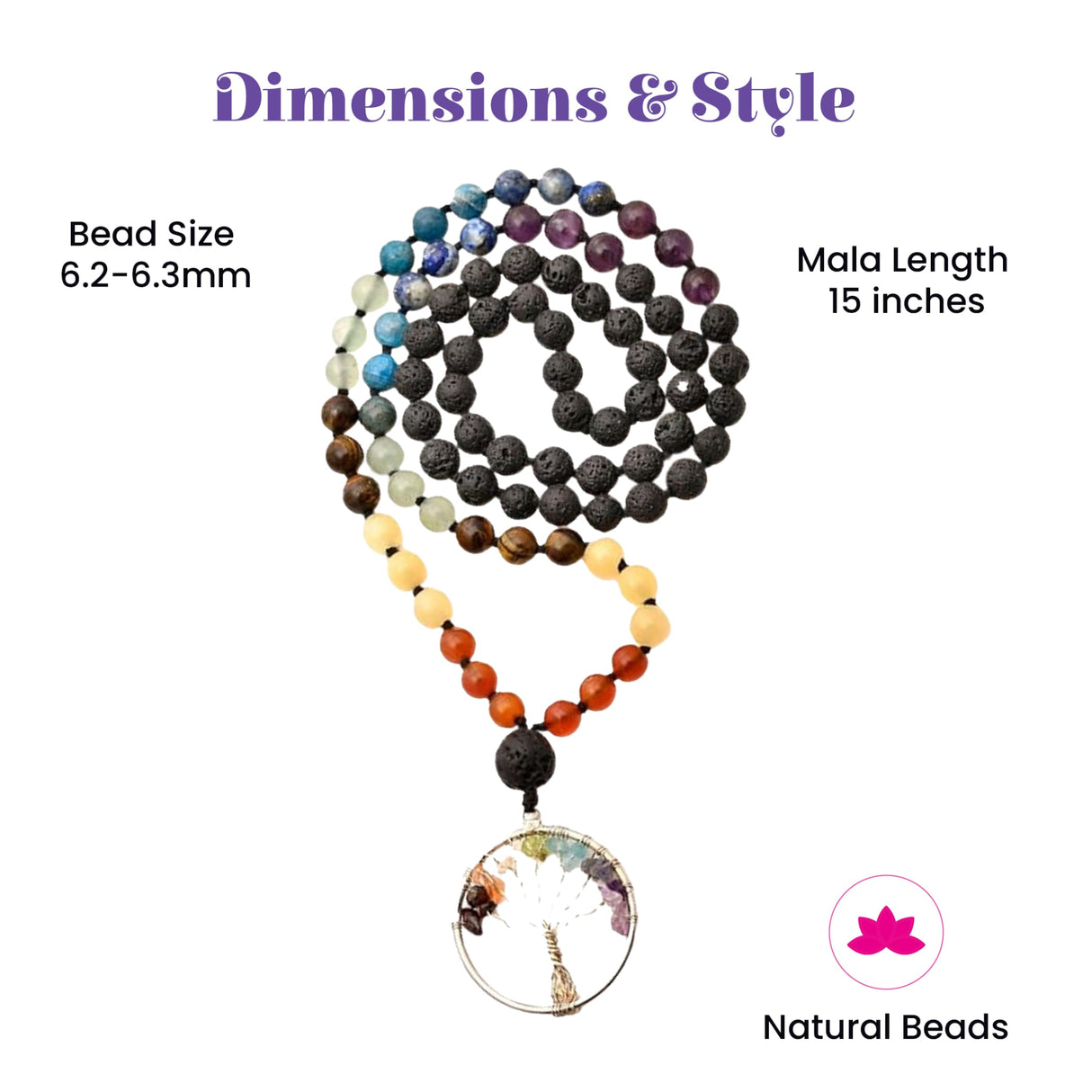 A 15 inch 108 mala beads necklace with colorful natural lava rock stones and a tree of life pendant with gemstones
