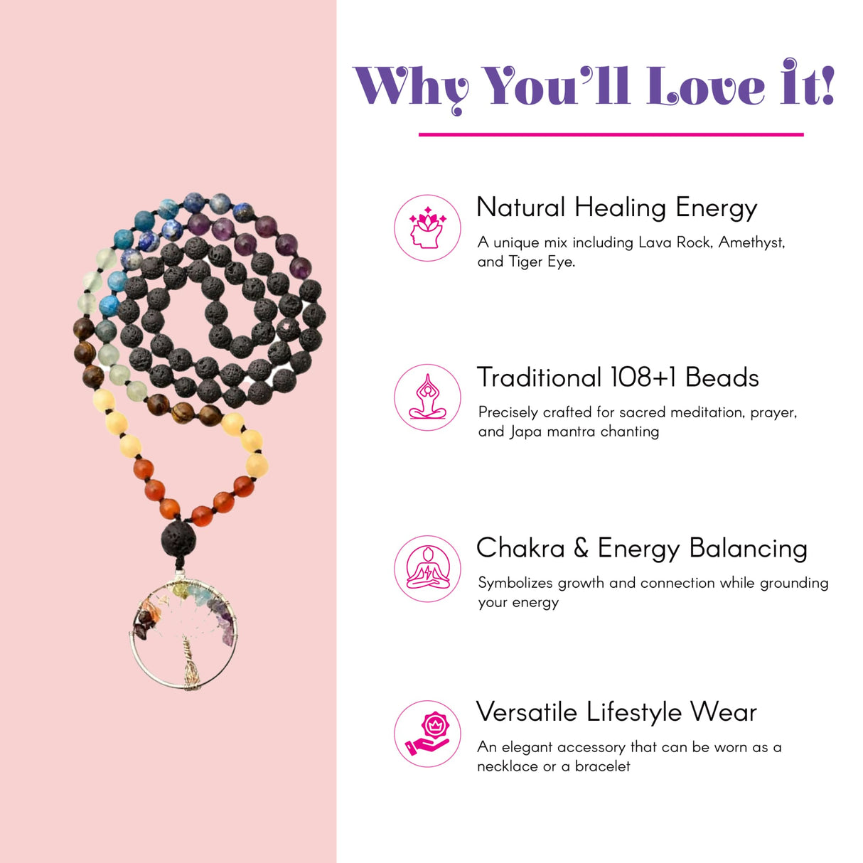 A multi-colored 108 mala beads necklace with lava rock amethyst tiger eye stones and tree of life pendant for meditation