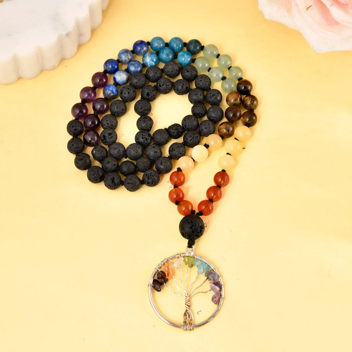 108 Mala Beads Necklace 7 Chakra Tree of Life Lava Rock Stone Natural Healing Crystal Gemstones Yoga Meditation Japa Mala Beaded Life Tree Pendant Hand Knotted Prayer Beads Rosary Jewelry - LoveNspire