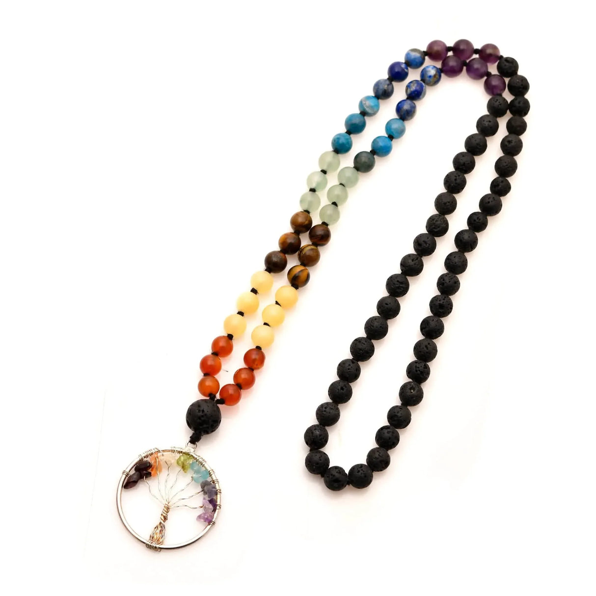 108 Mala Beads Necklace 7 Chakra Tree of Life Lava Rock Stone Natural Healing Crystal Gemstones Yoga Meditation Japa Mala Beaded Life Tree Pendant Hand Knotted Prayer Beads Rosary Jewelry - LoveNspire