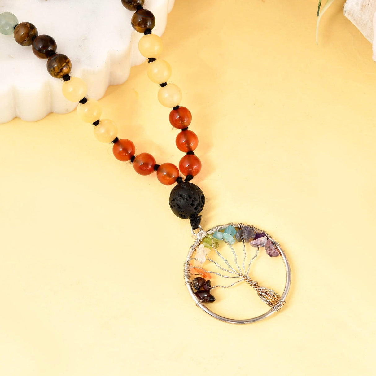 Beaded chakra tree necklace with natural gemstones and lava rock for meditation and healing