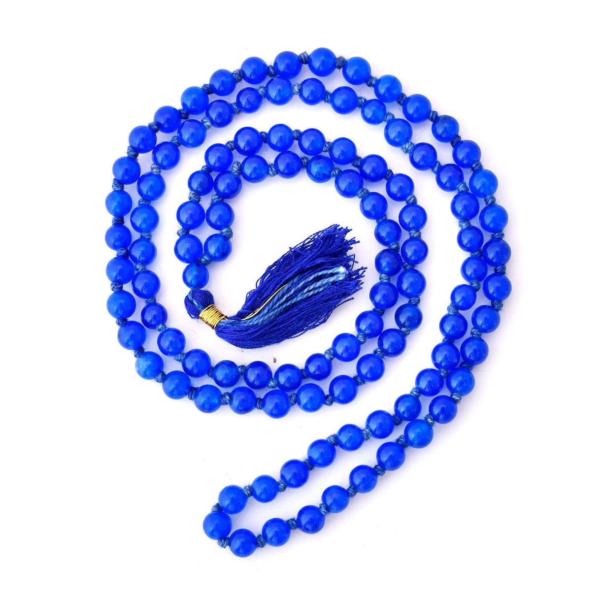 Blue beaded mala necklace with tassel for yoga meditation and spiritual healing