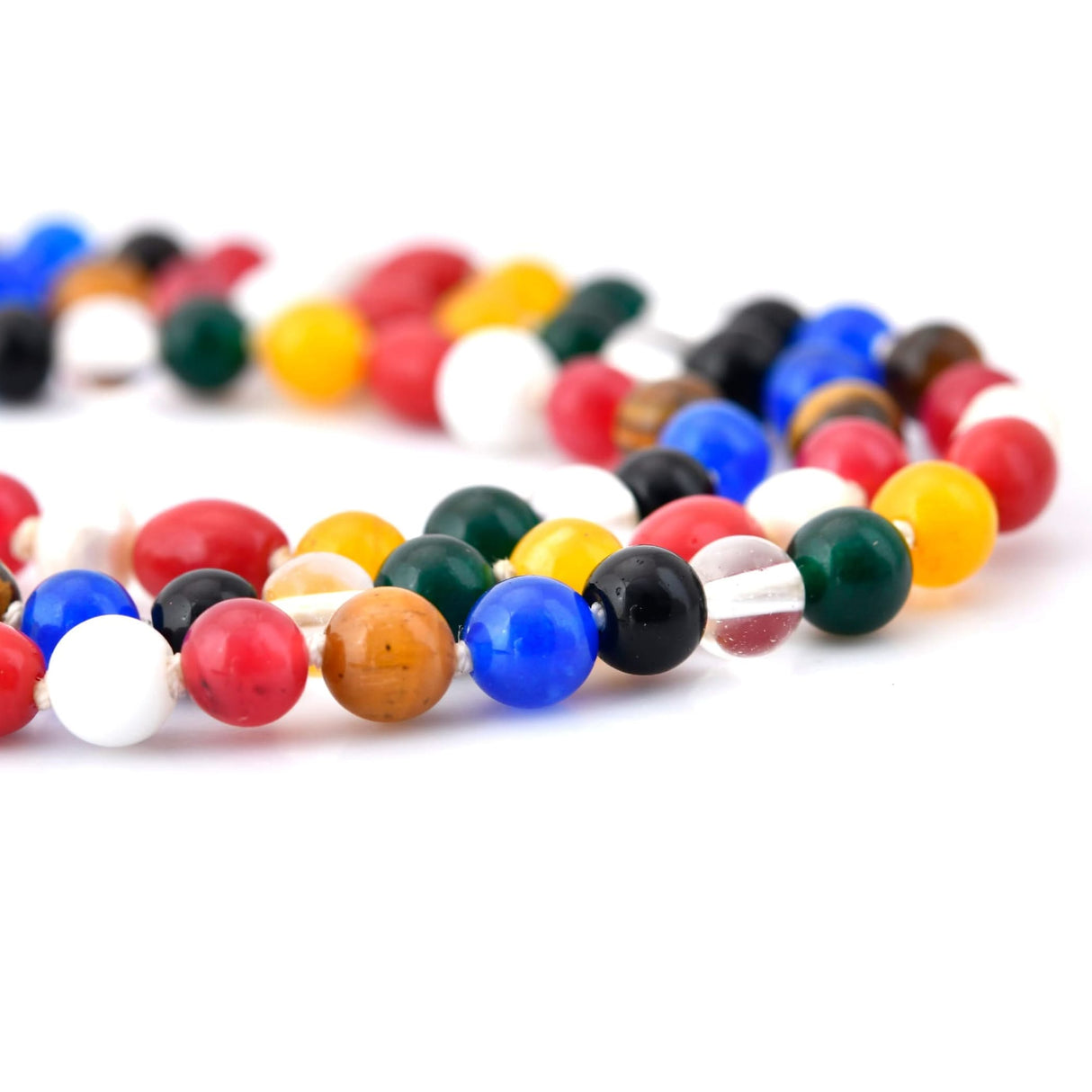 Colorful beaded necklace featuring natural healing crystal gemstones for yoga and meditation