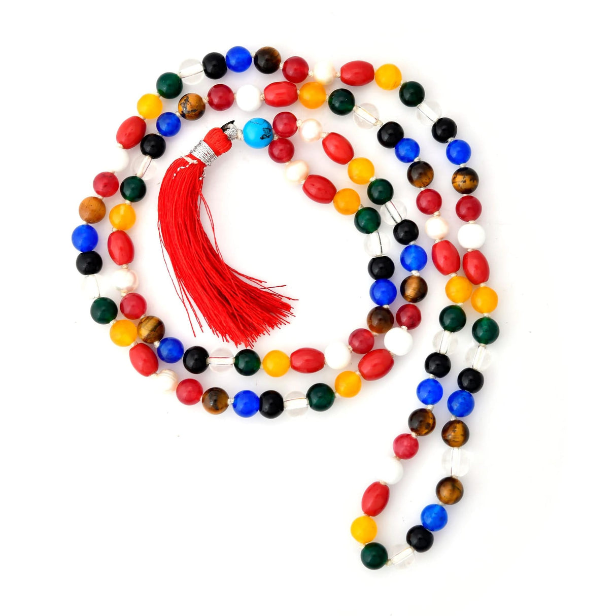 Colorful beaded mala with red tassel for meditation and spiritual healing